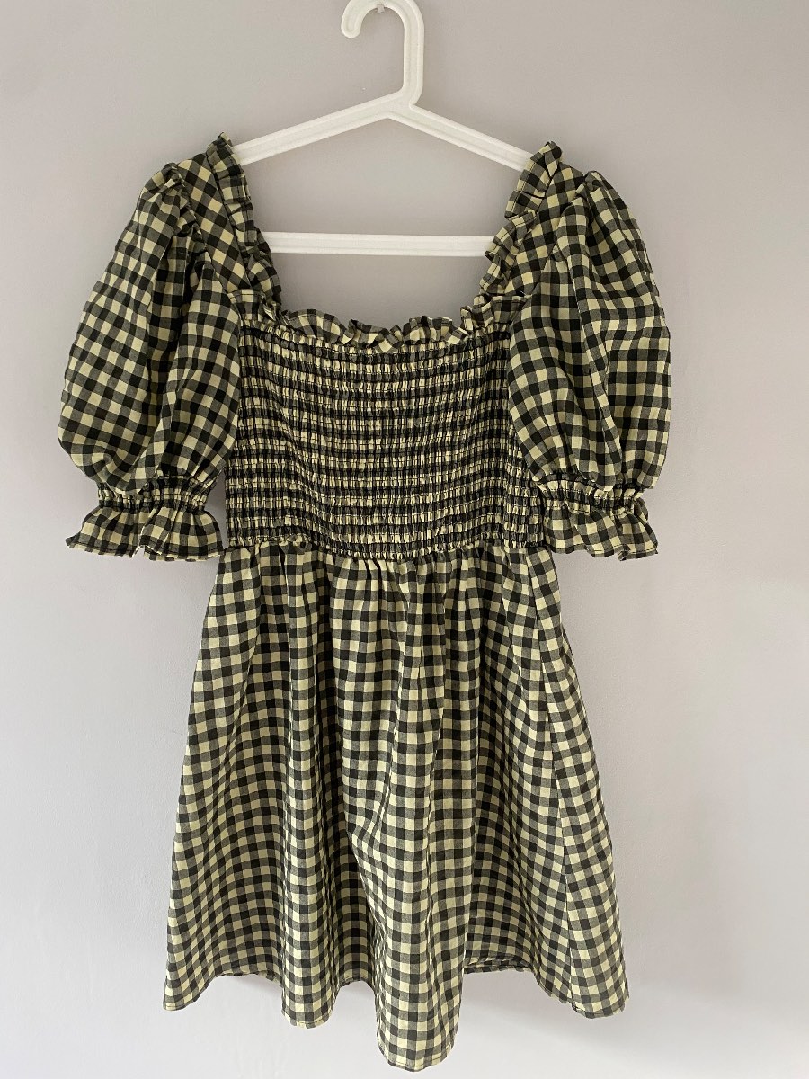 Warehouse yellow and black gingham Shirred mini dress size 10