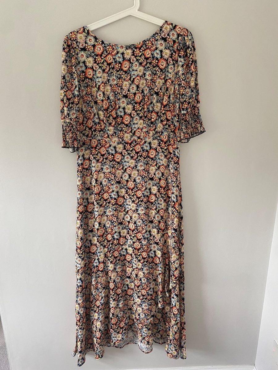 Oliver Bonas sunshine floral print black midi dress size 10