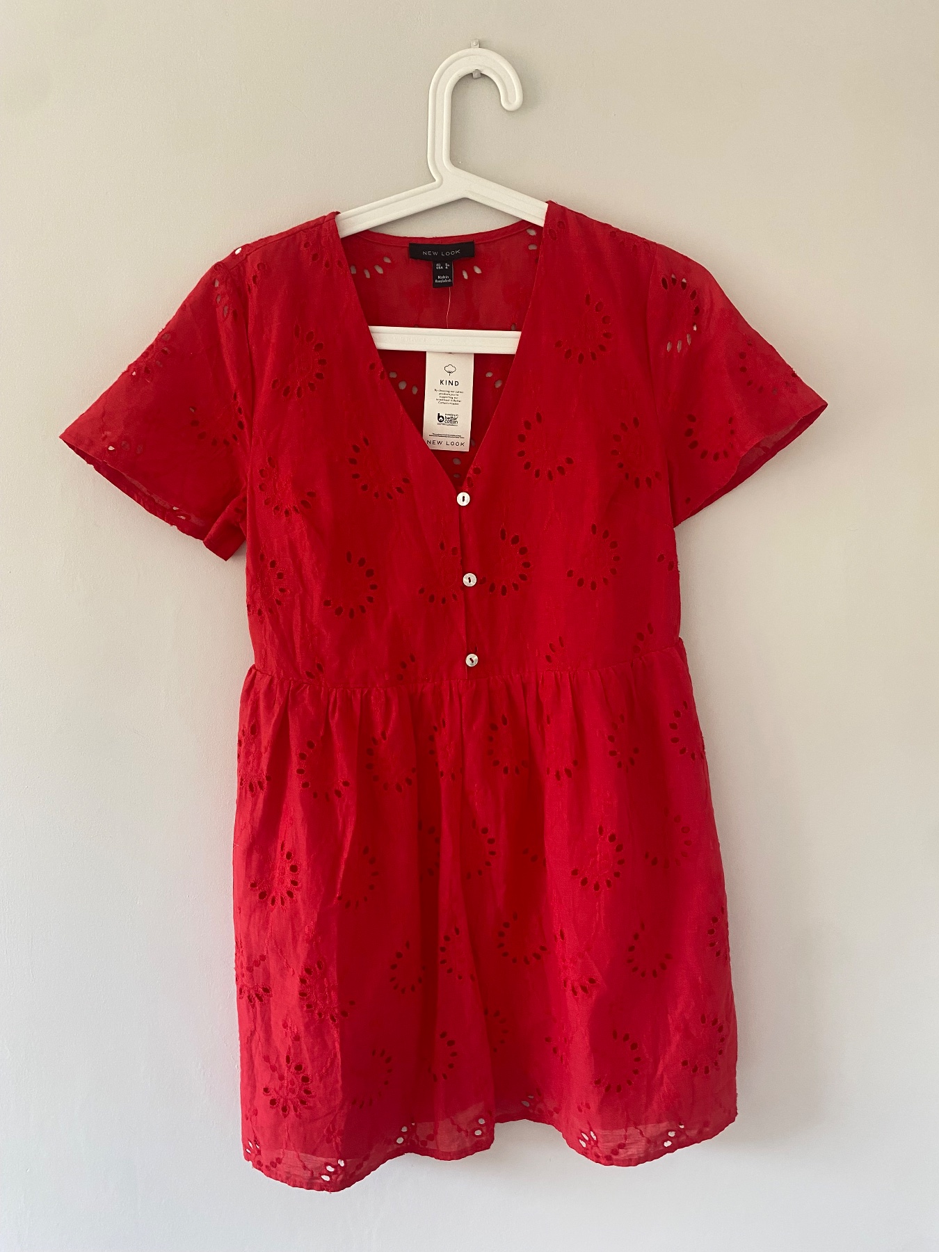 New Look Bright red Broderie Anglaise smock mini dress size 8