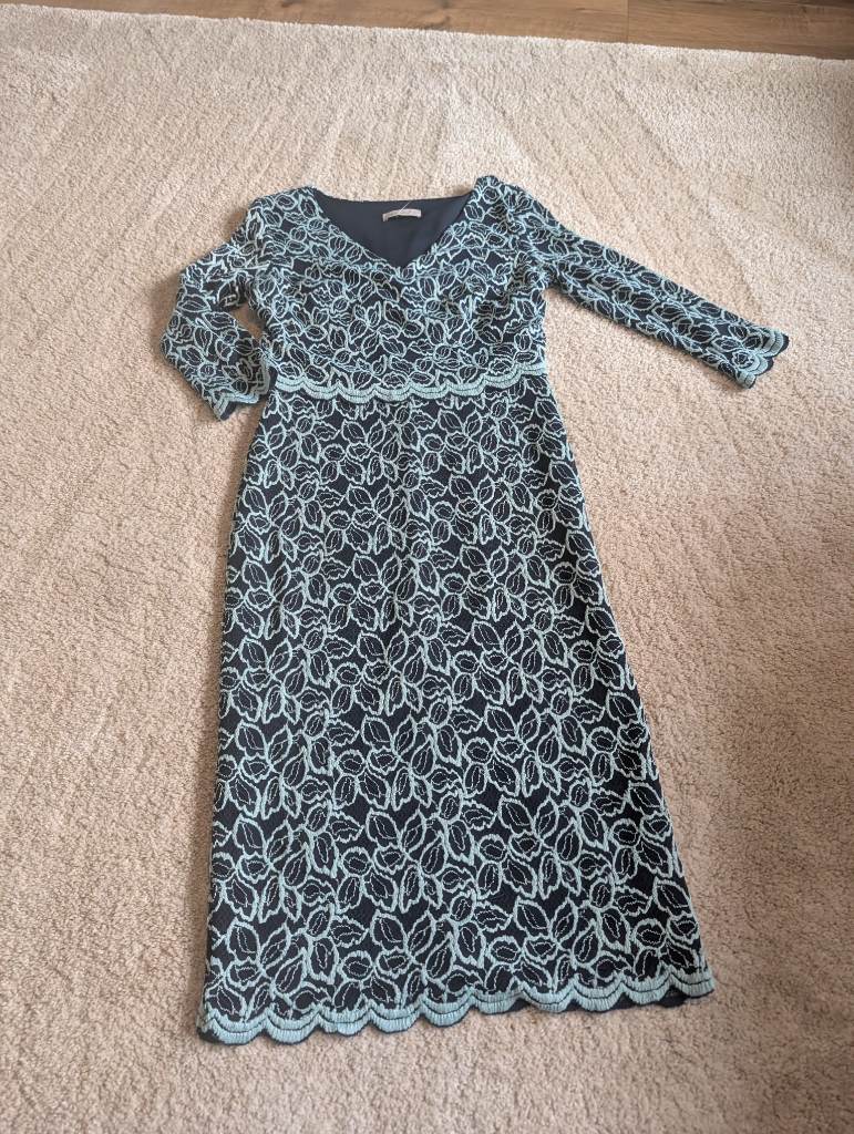 M&S Per Una Lace Dress Size 8 Navy Mint Green Floral Midi Cocktail Wedding Guest