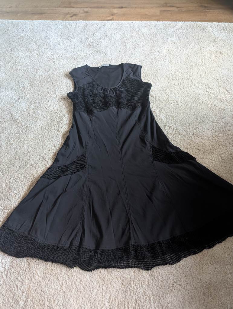 Kapalua Black Dress UK 12 Medium Cotton Mix Lagenlook Boho Crochet Detail Goth