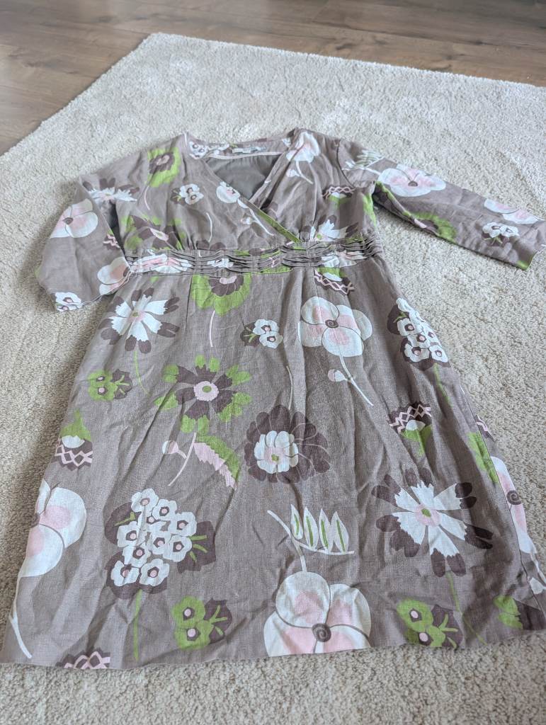 Boden 14R 100% Linen Faux Wrap Dress Floral 3/4 Sleeve Summer Retro Casual