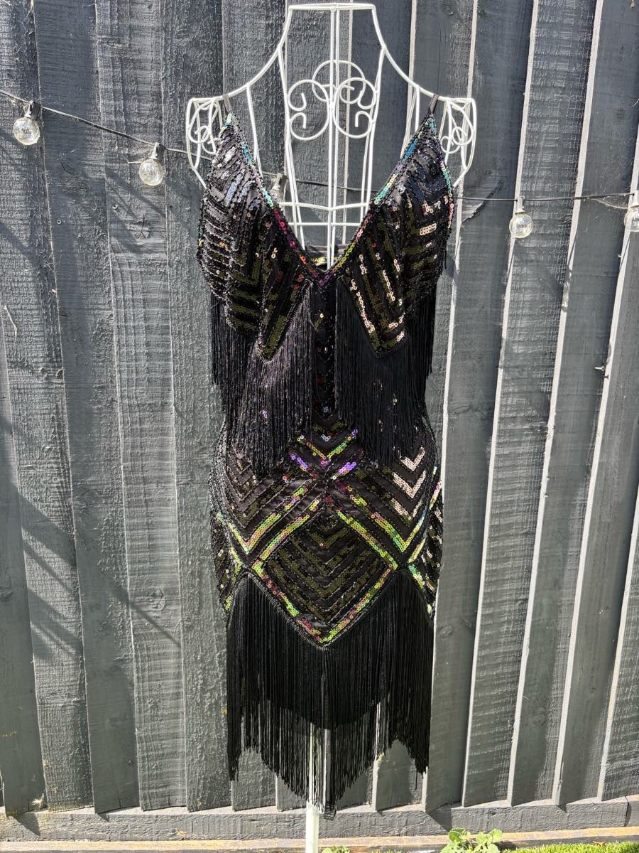 Babeyond 1920s Flapper Dress Great Gatsby Black Fringe Sequin Size Small