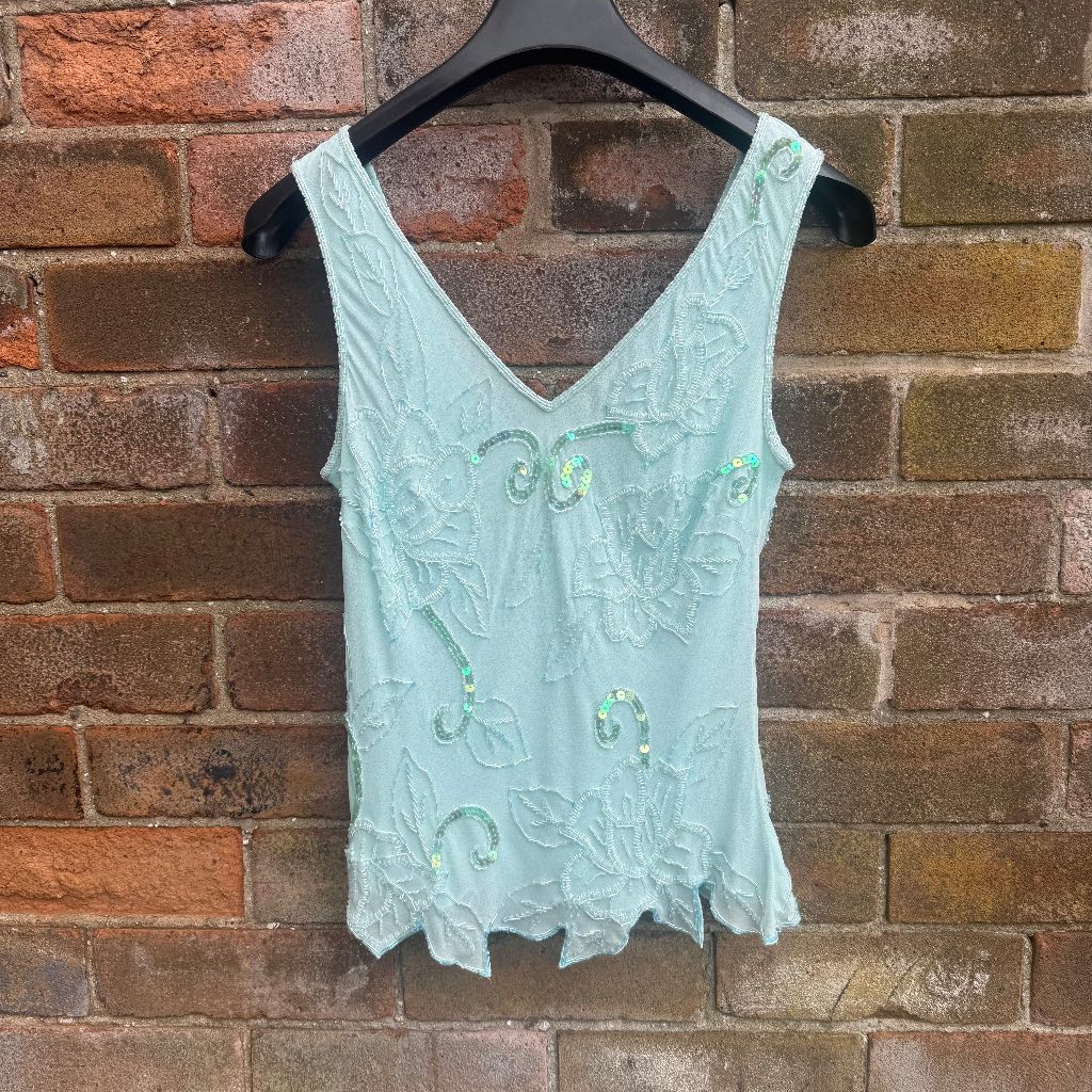 Vintage Monsoon blue full beaded fairy core cami 100% silk
