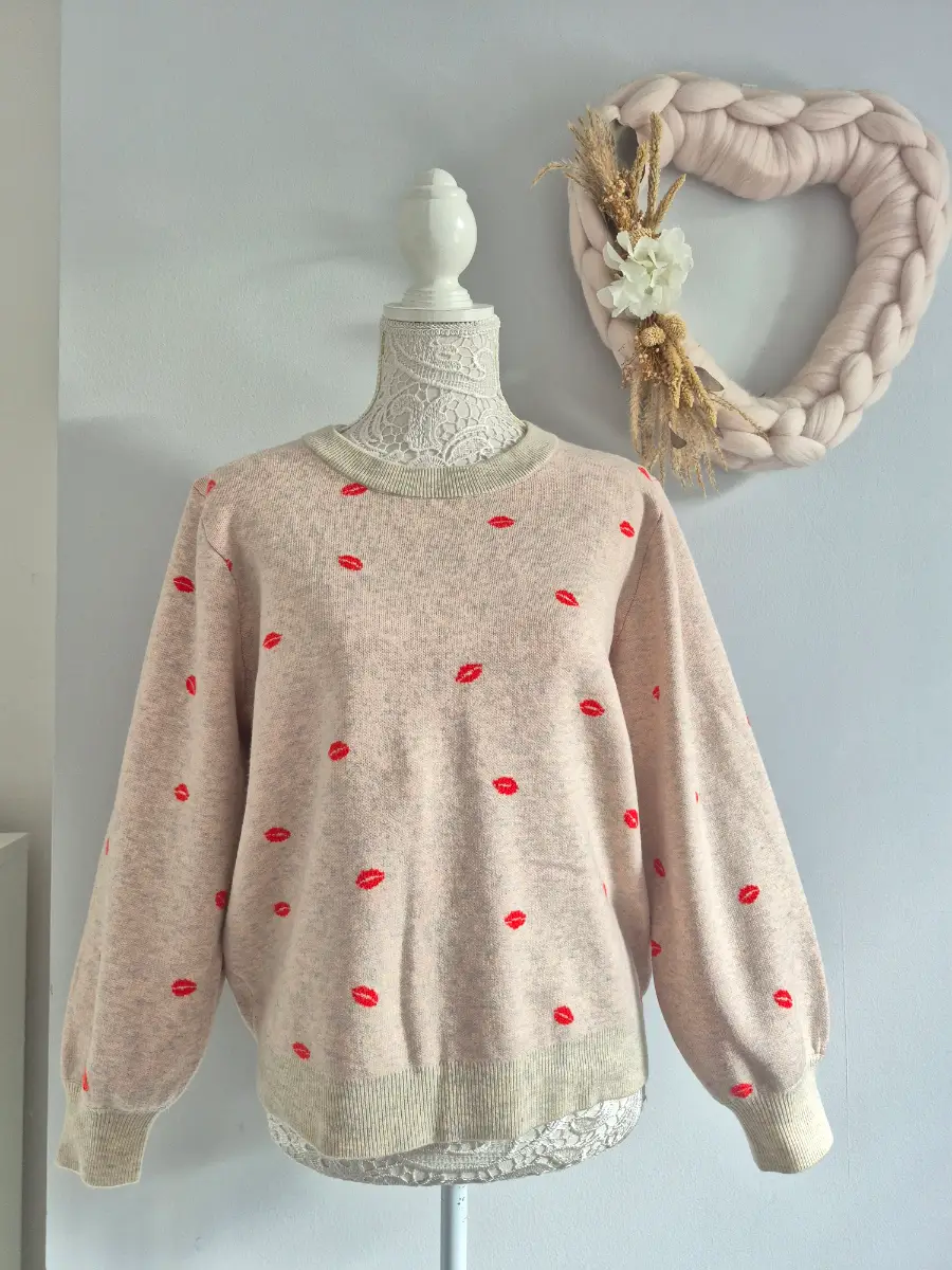 ICHI Brielle Size L Oatmeal Kiss Lips Jumper