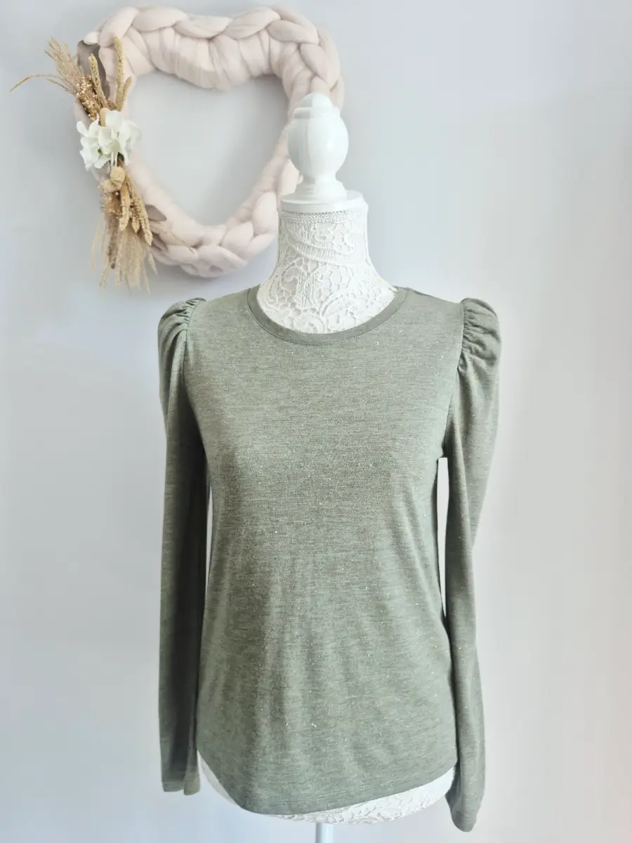 Next Size 6 Green With Gold Fleck Puff Shoulder Long Sleeved Top