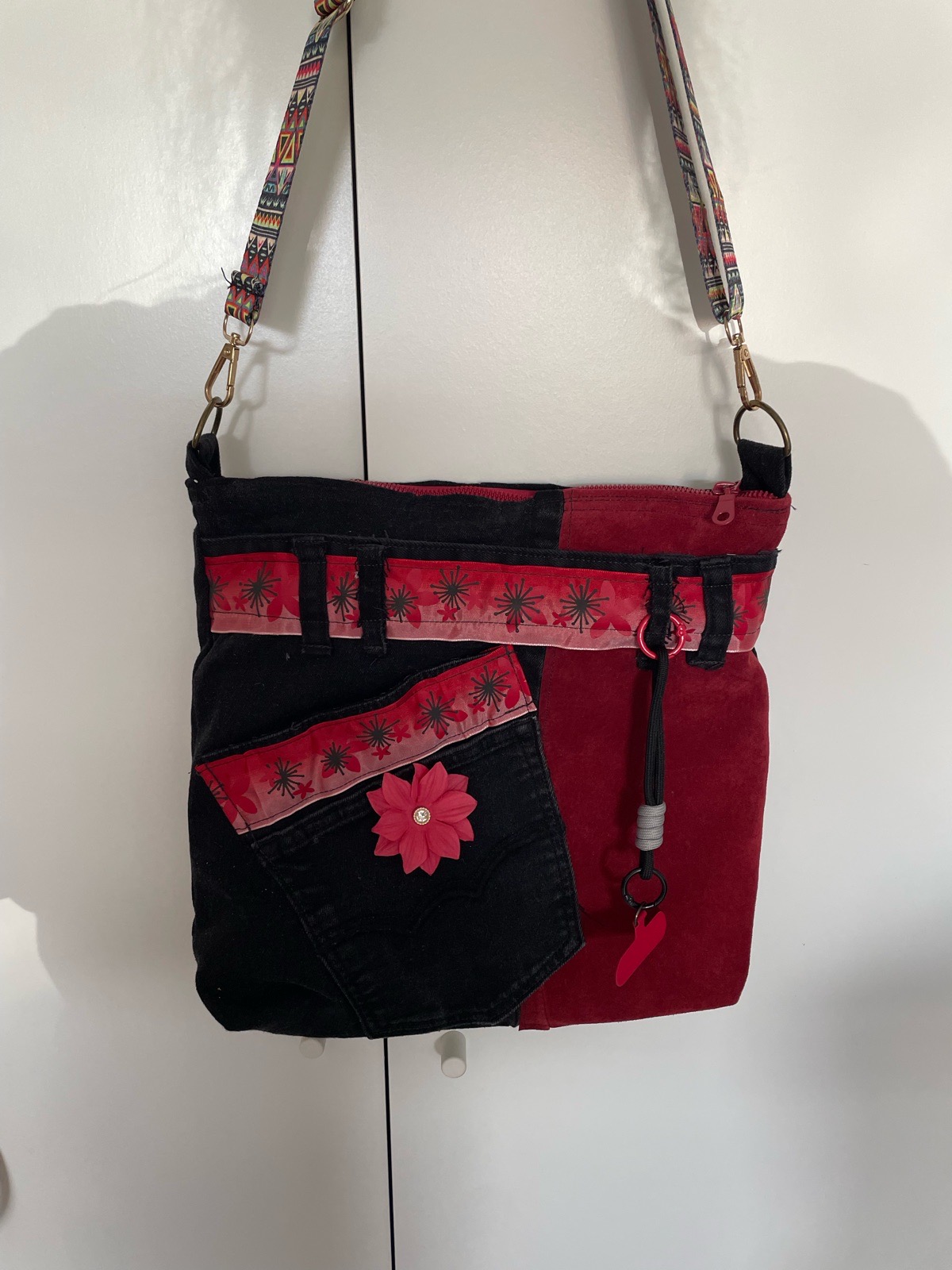 Designer preloved denim bag 30x30cms crossbody/shoulder bag lined, zip top inside zip pocket