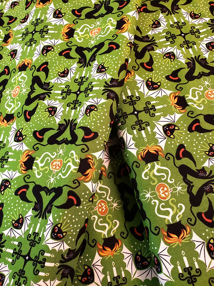 Lewis & Irene fat quarter glow in the dark Halloween cats and bats, green