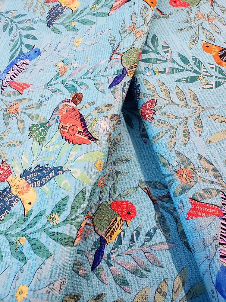 Moda Cathe Holden fat quarter, blue vintage advert birds, slow stitch fabric