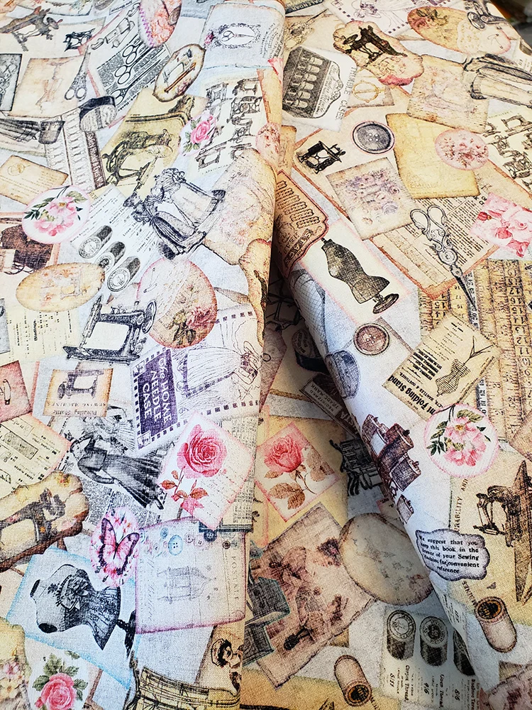 Fat quarter vintage sewing ephemera 100% cotton, junk journal/slow stitch fabric