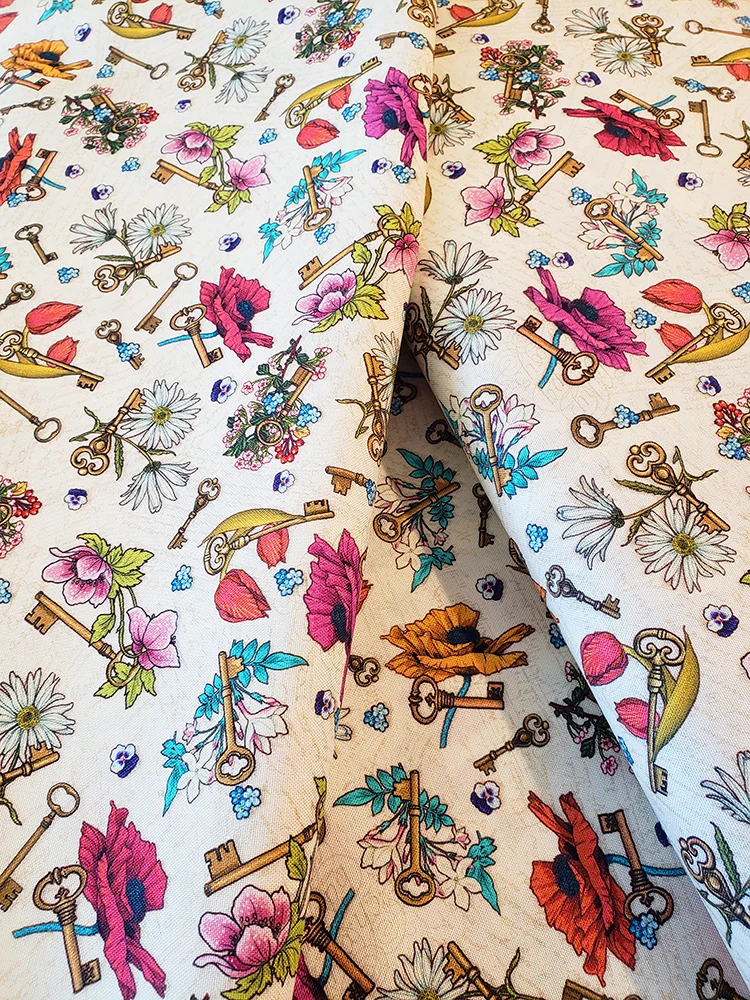 Junk Journal fat quarter 100% cotton - The Language of Flowers vintage keys