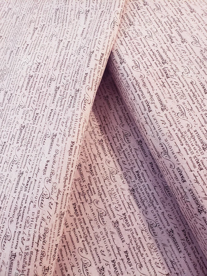 Vintage style fabric, Paris handwriting on pink, junk journal & slow stitch 100% cotton.