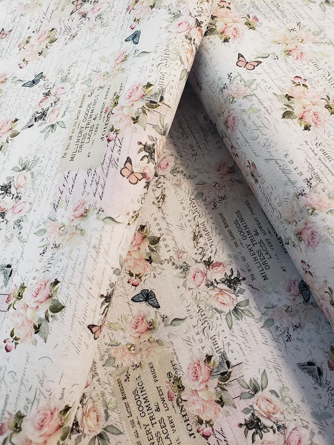 Vintage style fabric, junk journal & slow stitch 100% cotton. Florals, vintage writing, butterflies