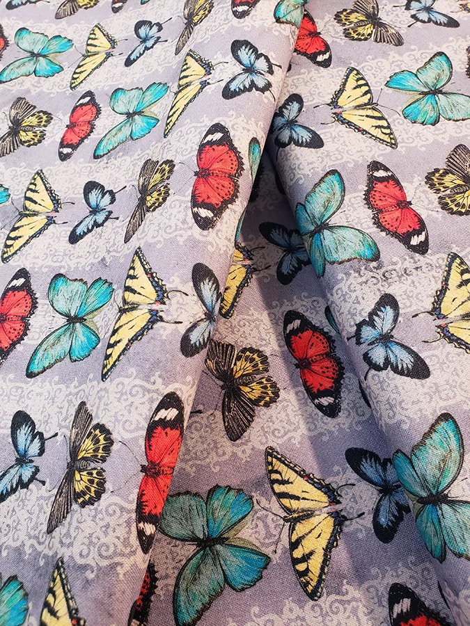 Junk Journal fat quarter 100% cotton - Vintage grey butterflies