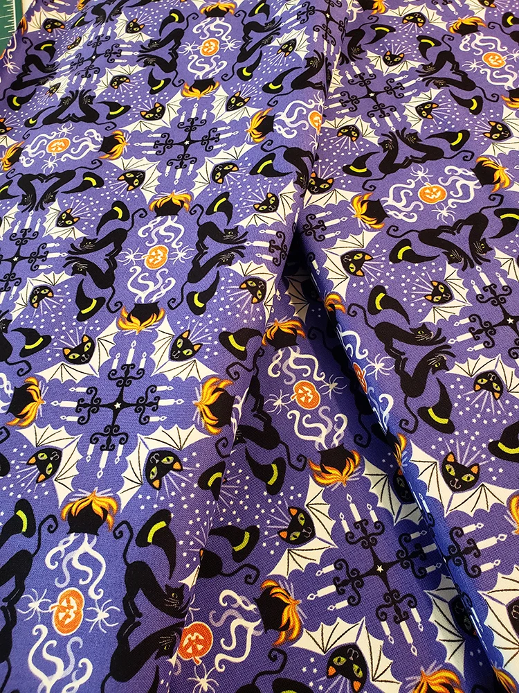 Lewis & Irene fat quarter glow in the dark Halloween cats and bats, purple