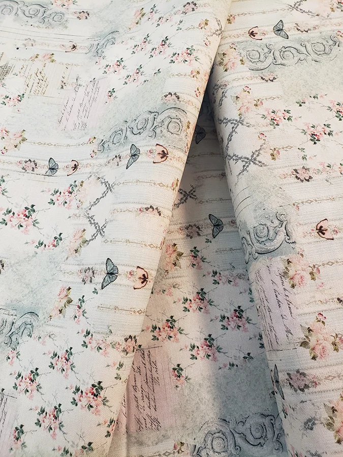 Vintage style Paris fabric, junk journal & slow stitch 100% cotton. Butterflies and flowers