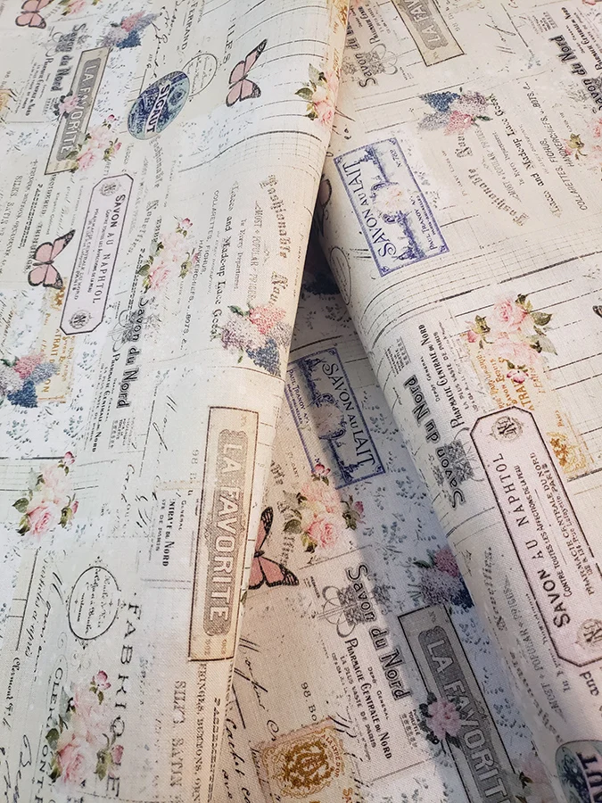 Vintage style Paris fabric, junk journal & slow stitch 100% cotton.  Butterflies, vintage writing