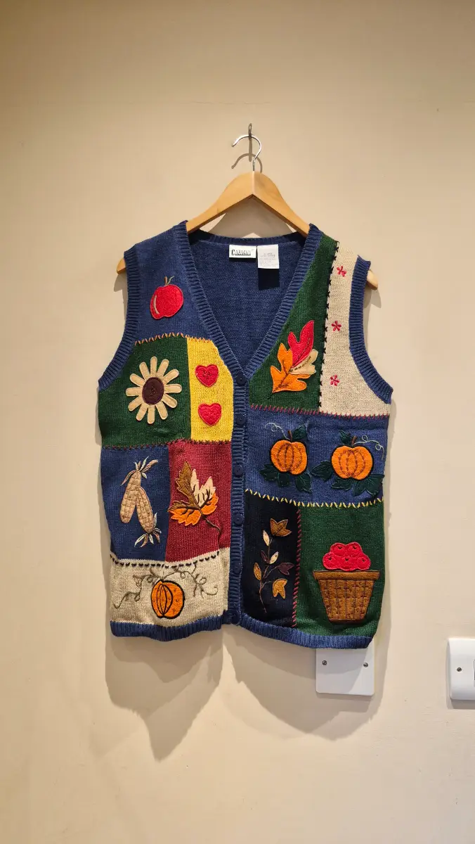 Vintage Autumn Harvest Pumpkin Patchwork Knit Vest Cottagecore Size UK 12-14