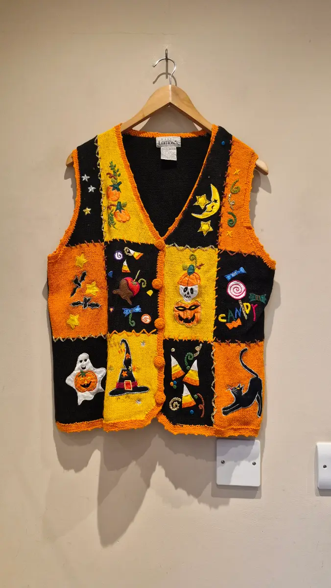 Vintage Halloween Patchwork Ghost Witch Cat Candy Corn Knit Vest Size M UK 10-14