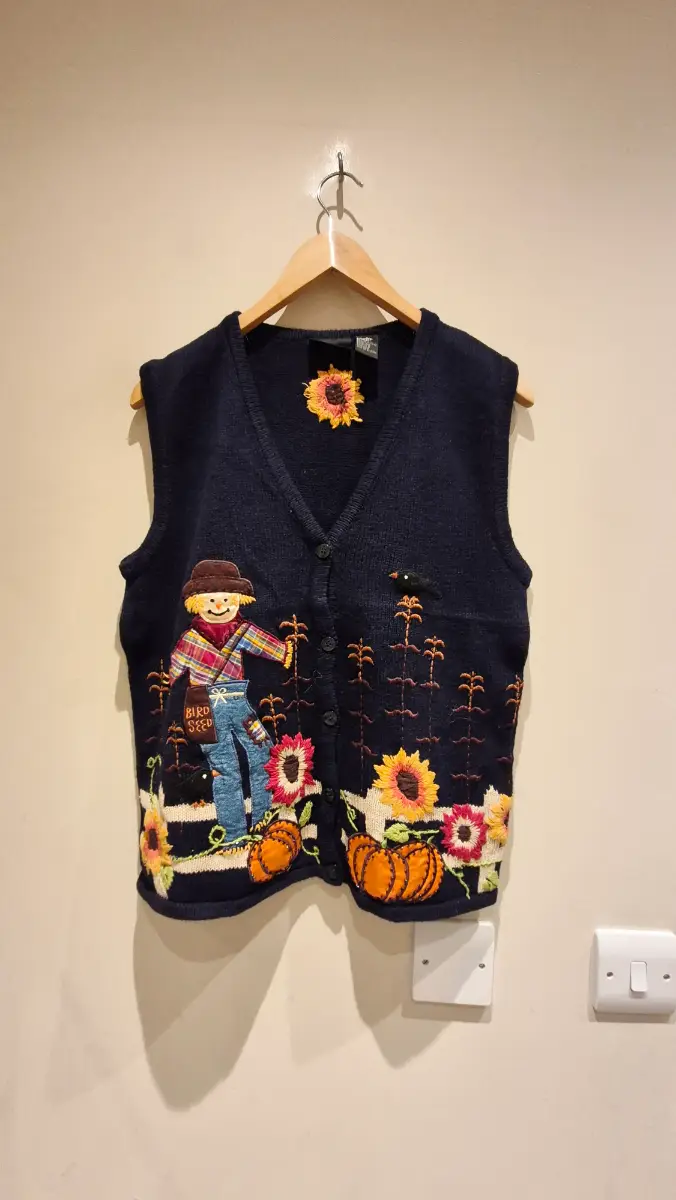 Vintage Halloween Scarecrow Pumpkin Sunflower Autumn Vest Cottagecore Size S