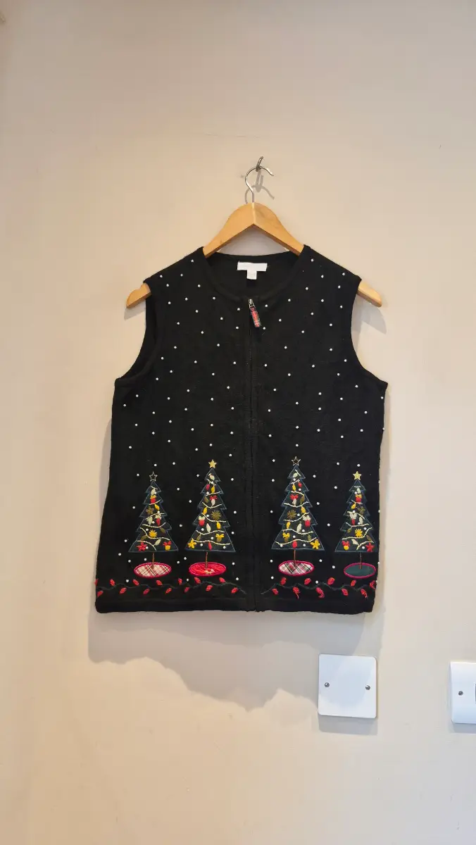 Vintage Christmas Tree 100% Wool Zip-Up Vest Black Festive Knit Size Medium UK 10-12