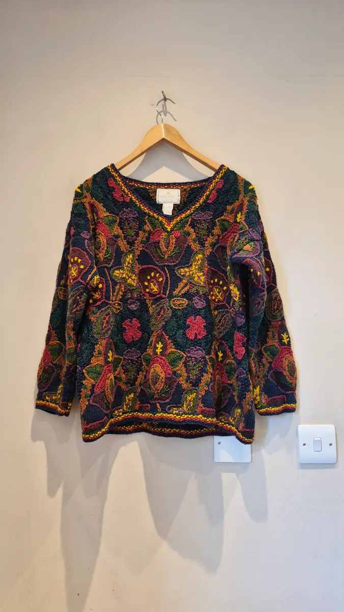 Vintage Express Tricot Hand Knitted Autumn Floral Chunky Jumper Boho Sweater Size S