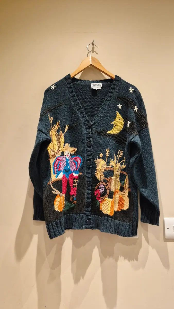 Vintage Halloween Witch Pumpkin Moon Cardigan Ramie Cotton Size M