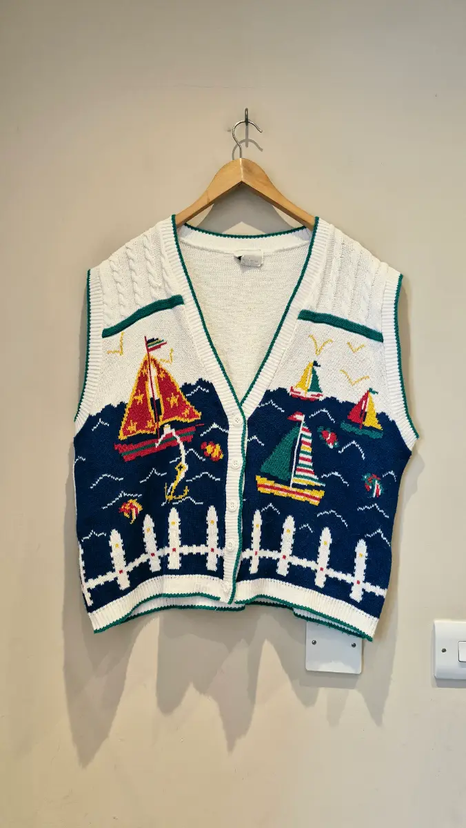 Vintage Coastal Nautical Sailboat Knit Vest Cardigan Size Large