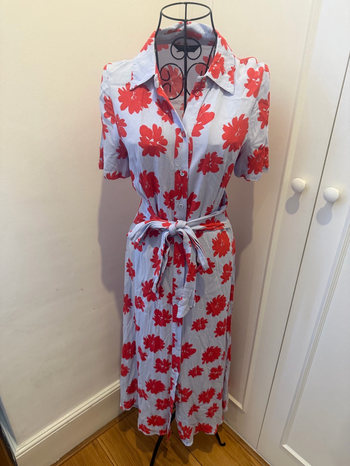 Blue & Red Floral M&S Maxi Dress Tie Waist 8uk