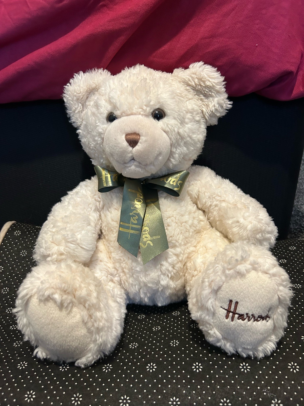 Harrods Cream Soft Plush Teddy Bear Green Satin Ribbon