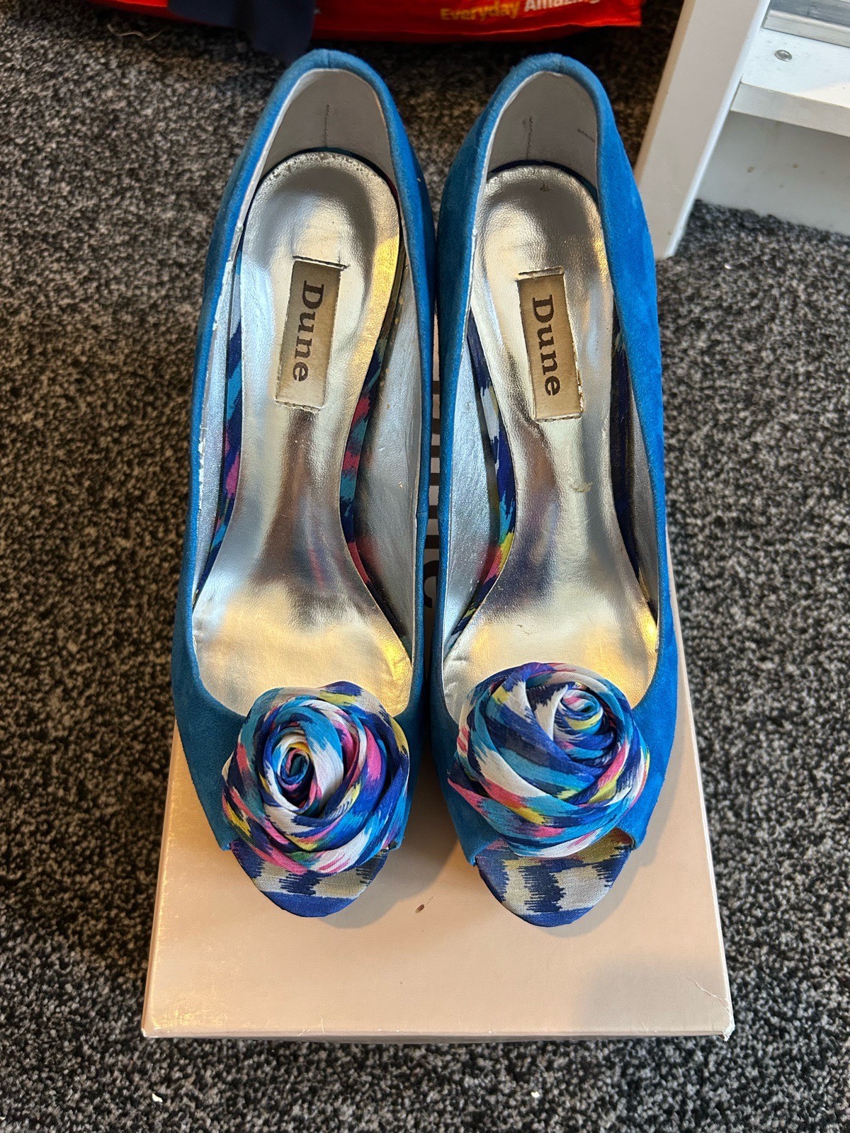 Dune London "Dream D" Blue Suede Corsage Peep Toe Platform Heels - Size UK 6 / EU 39
