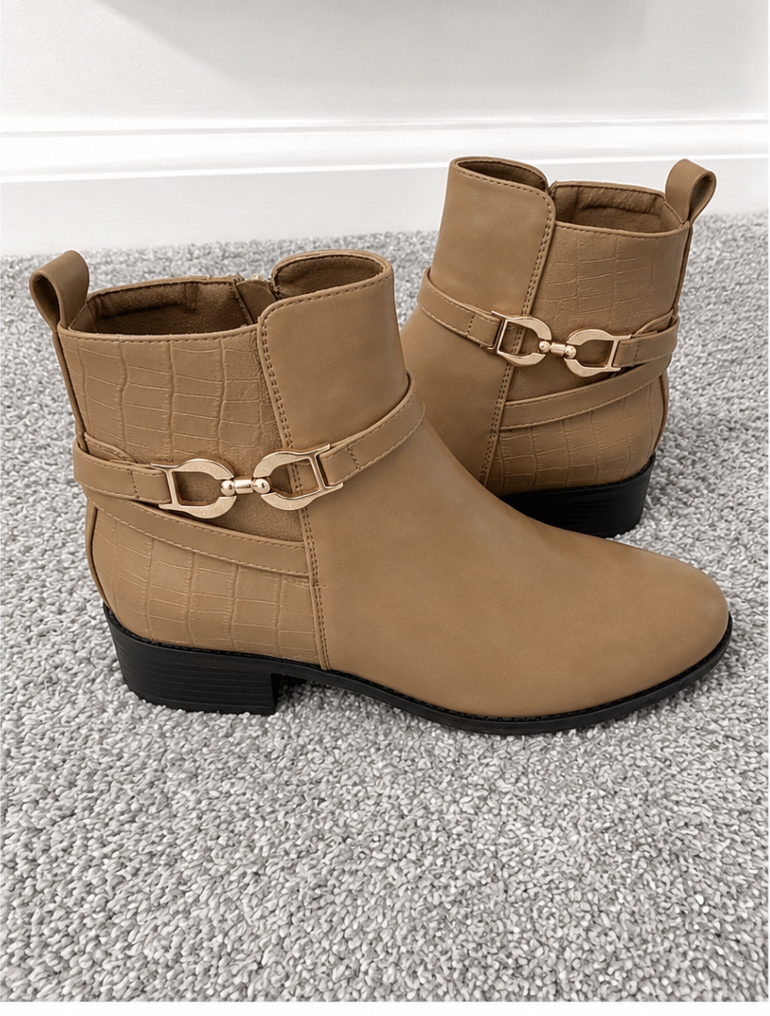 Camel Ankle Boots with Gold Buckle Detail- Size 6