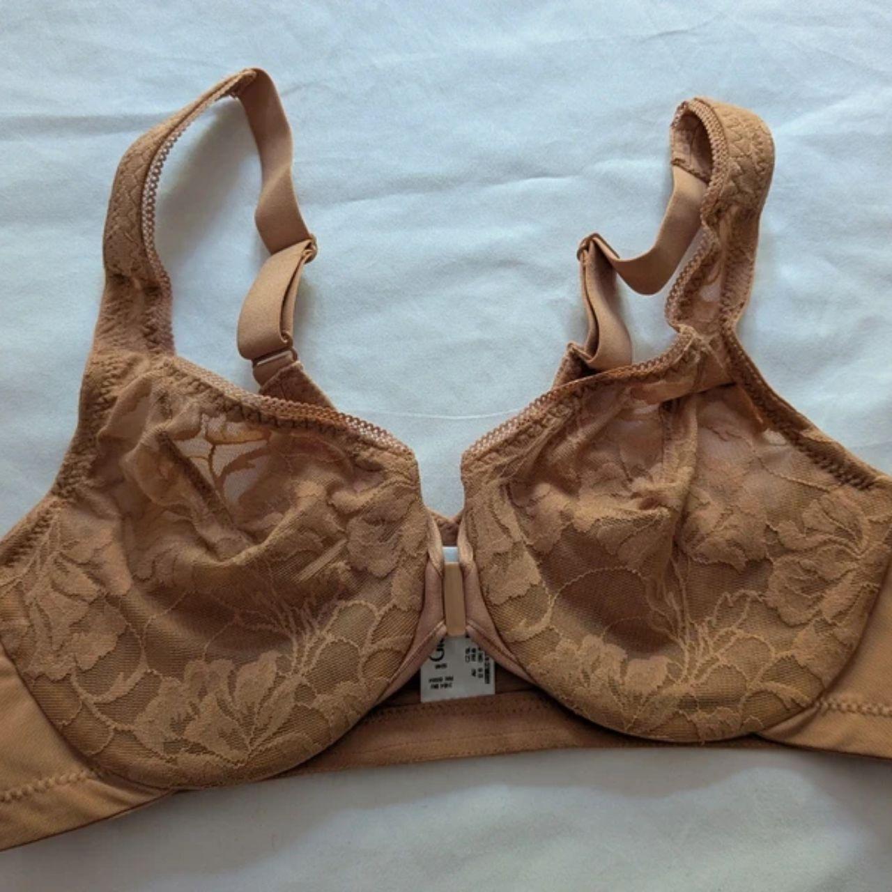Glamorise Lacey T-Back Front-Closure Wonderwire Underwire Bra 9246 Café Au Lait 34B