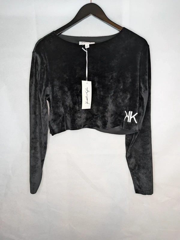 Kendall & Kylie Active Velvet Uneven Crop Top Blouse Black Size 10