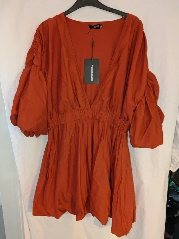 Pretty Little Thing Rust Volume Sleeve Puffball Hem Dress Size 30