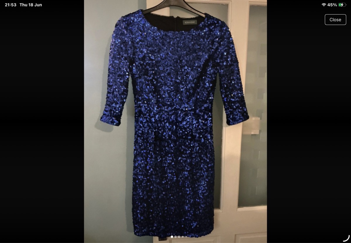 Sosandar Ladies Blue Iridescent Sequin Stretch Midi Shift Dress Size 10