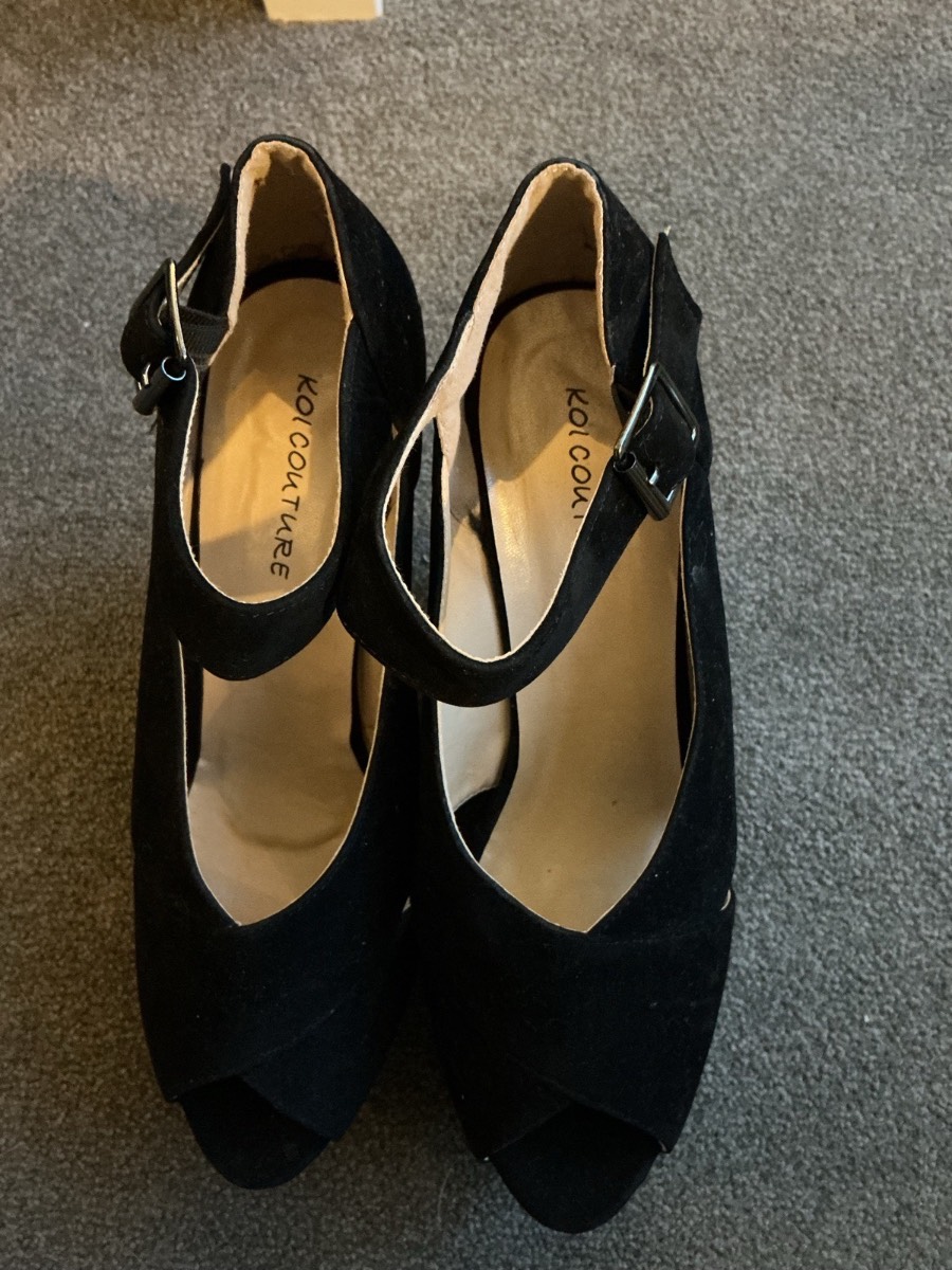KOI Couture Ladies High Heels Black Faux Suede Shoes Open Toe Size 8