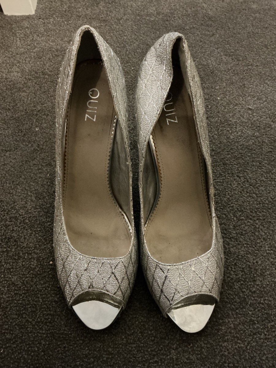 Quiz Silver Metallic Peep Toe Court Stiletto High Heels Slip On UK 8