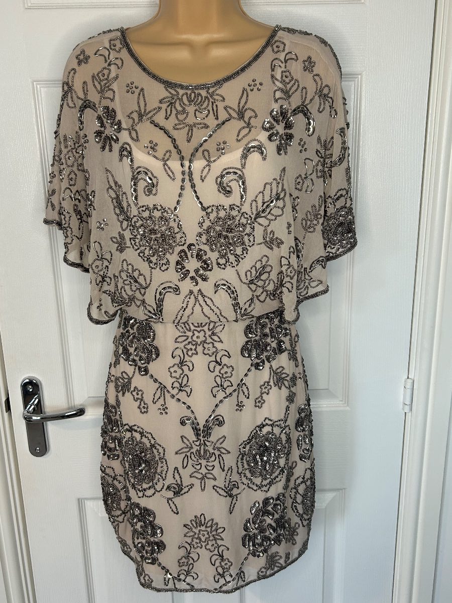 Miss Selfridge Hand Beaded Embellished Cape Sleeve Occasion Dress UK 8 BNWT