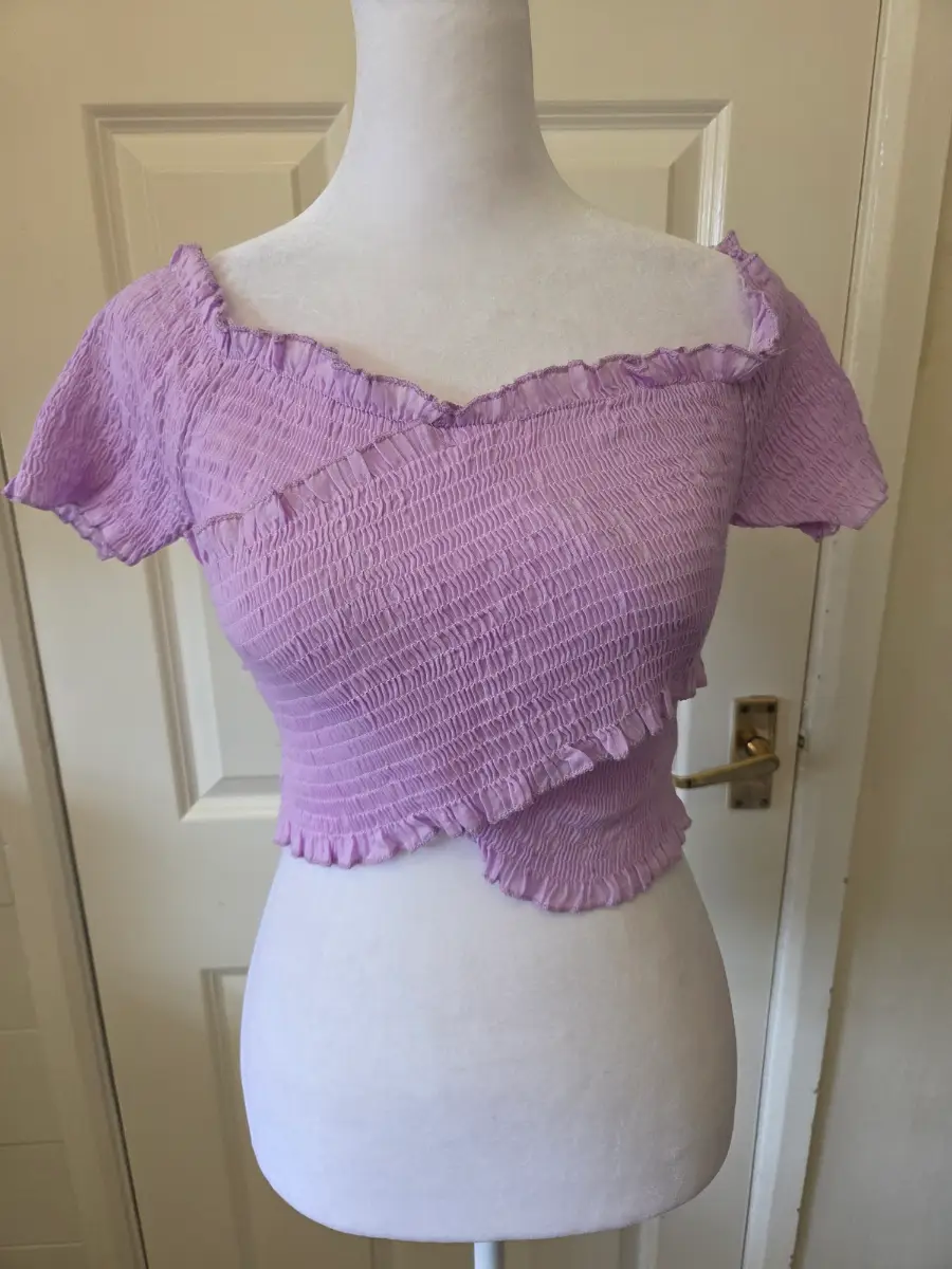 QED London Lilac Smocked Asymmetric Crop Top. Size M/L