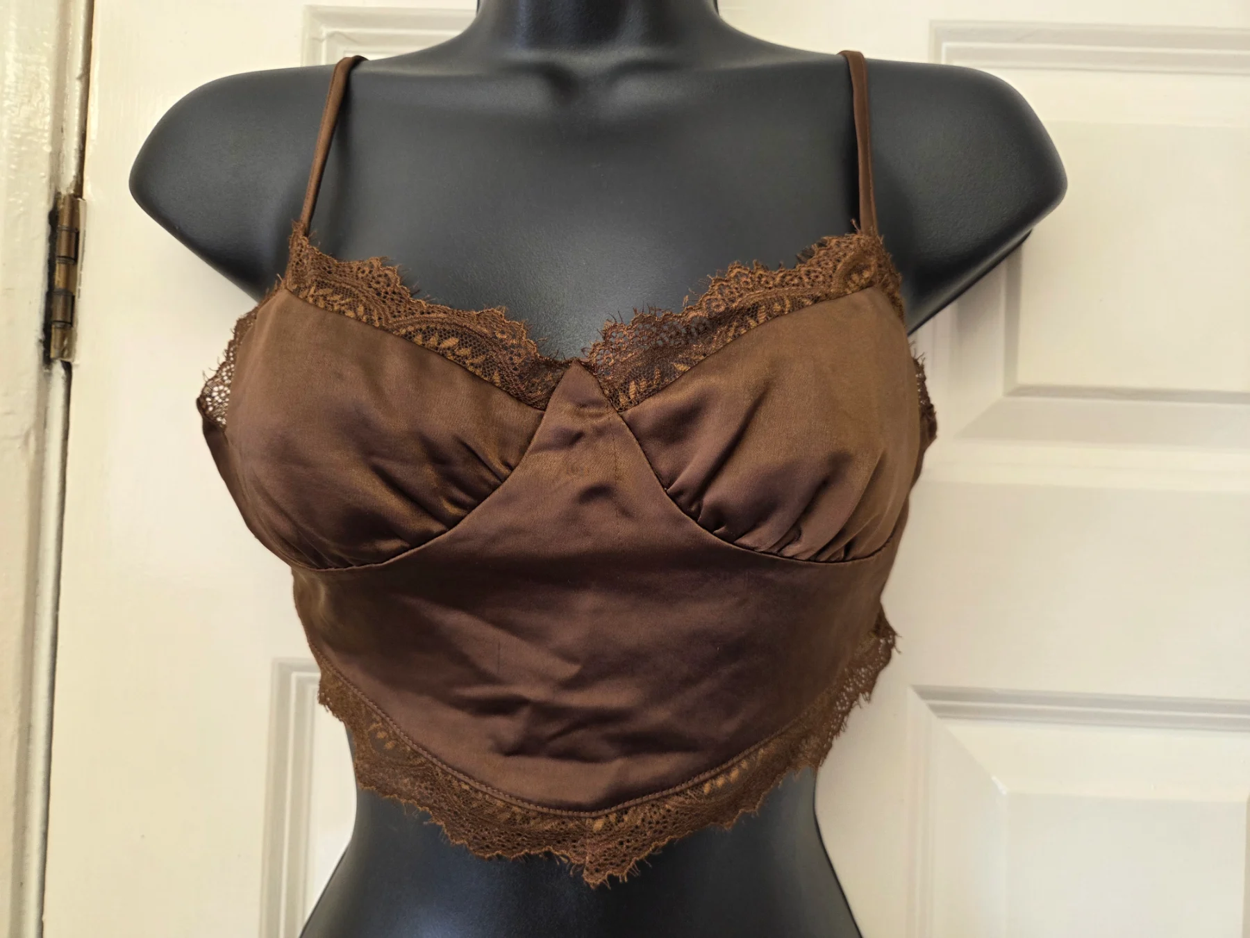 Motel Rocks Brown Satin Lace Trim Corset Cami Crop Top Size XS