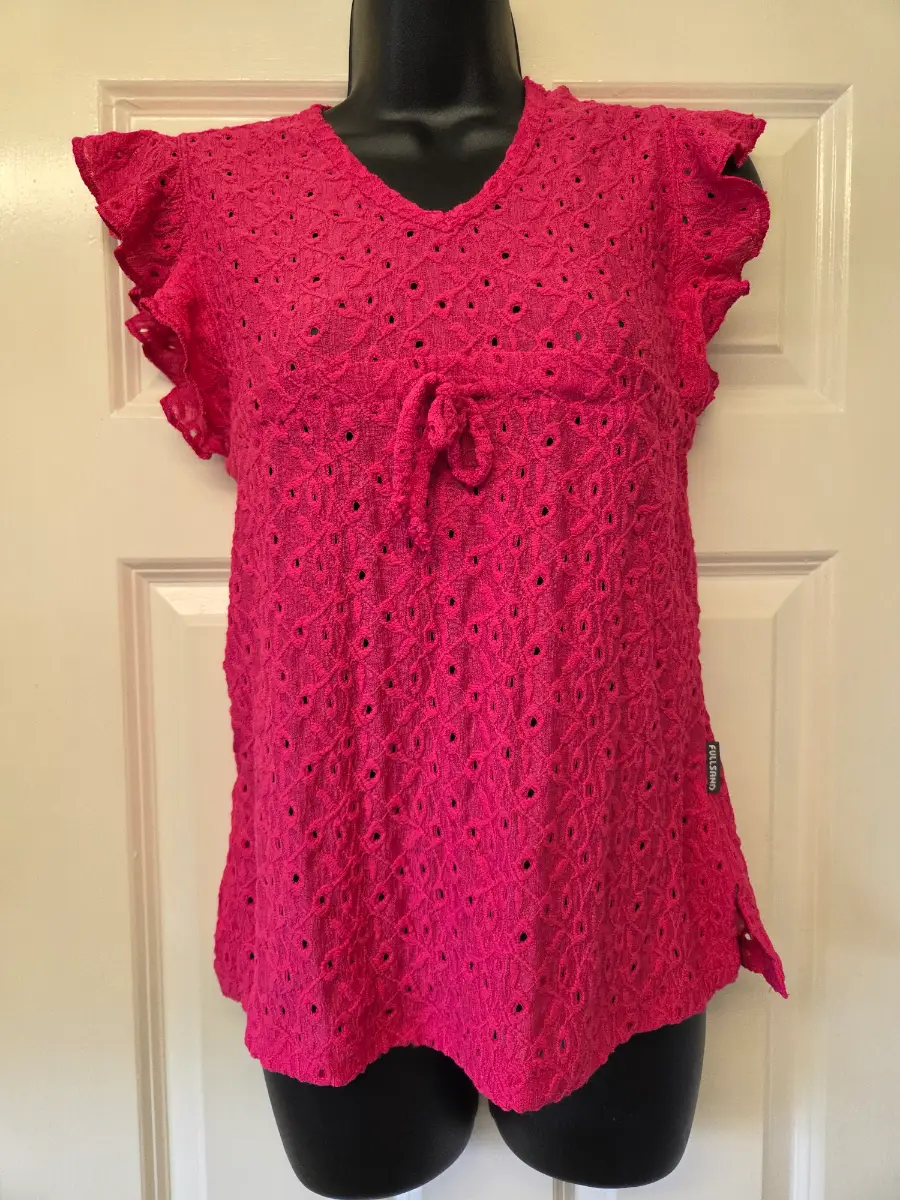 Full Sand Hot Pink Broderie Anglaise Eyelet Ruffle Top. Size Small