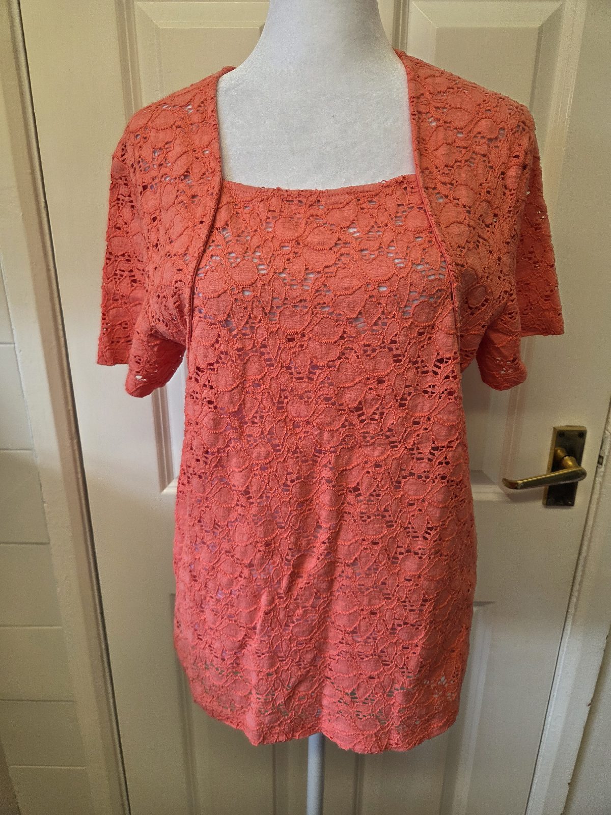 Cotton Traders Size 12 Coral Pink Lace Overlay Top Blouse Short Sleeve Square Neck