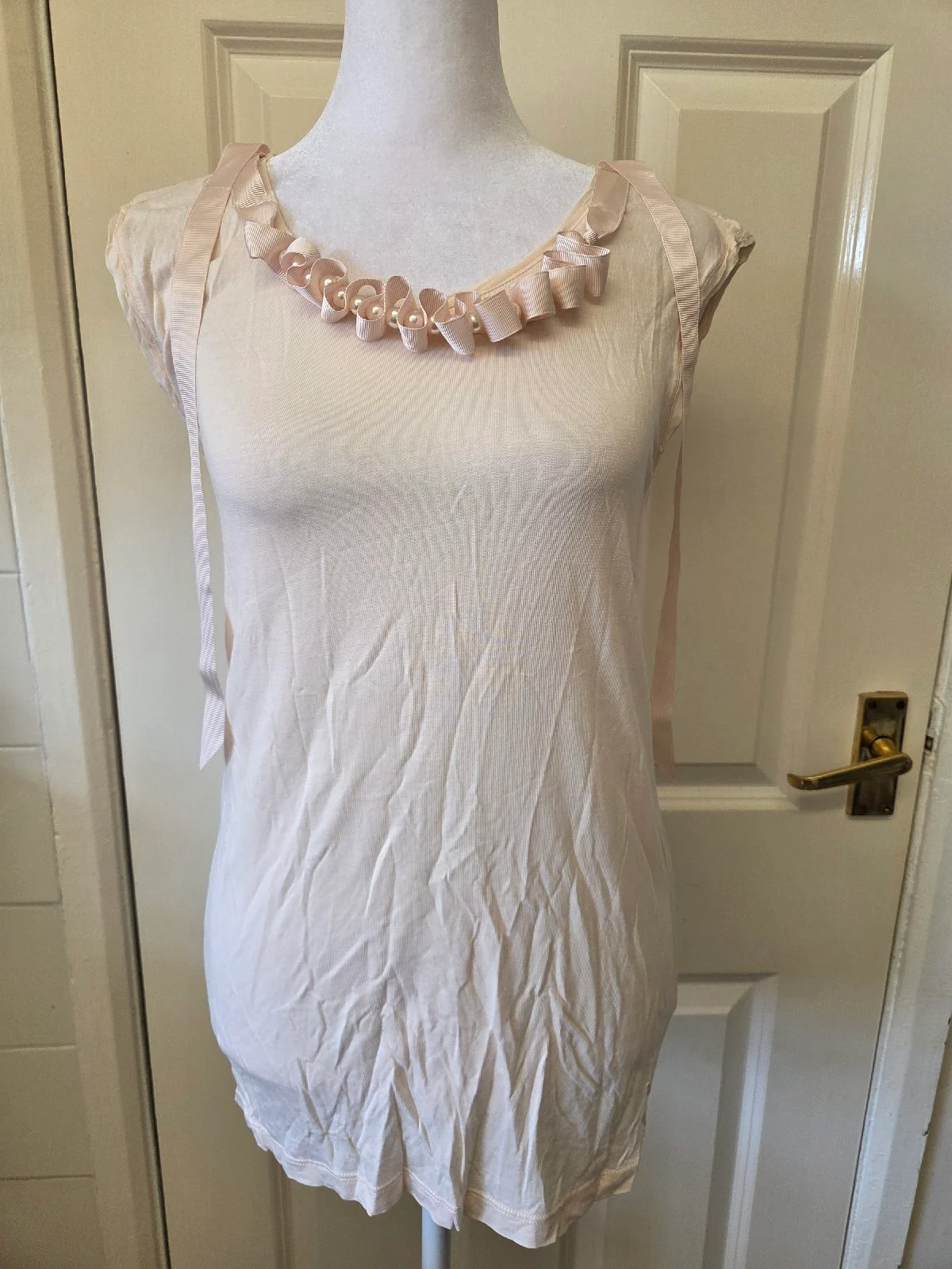 Zara Pastel Pink Pearl & Ruffle Neckline Top Size Small