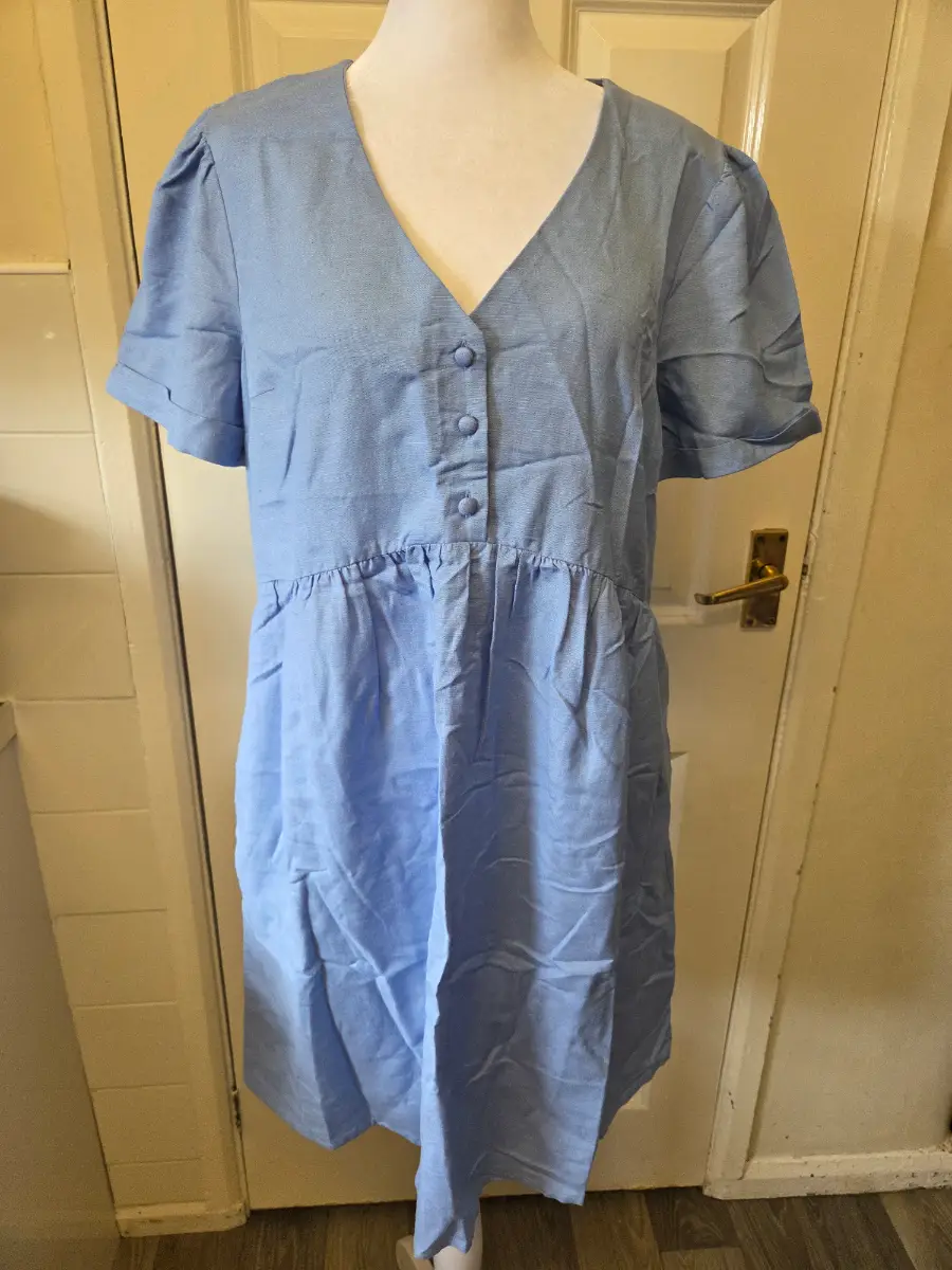 Simply Be Powder Blue Linen Blend Button Up Smock Dress. Size 10