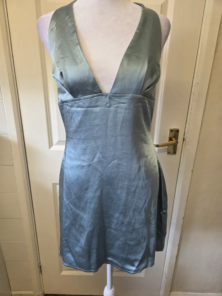 Motel Satin Coda Plunge Halter Mini Dress- Light Blue- Size Large (UK14)