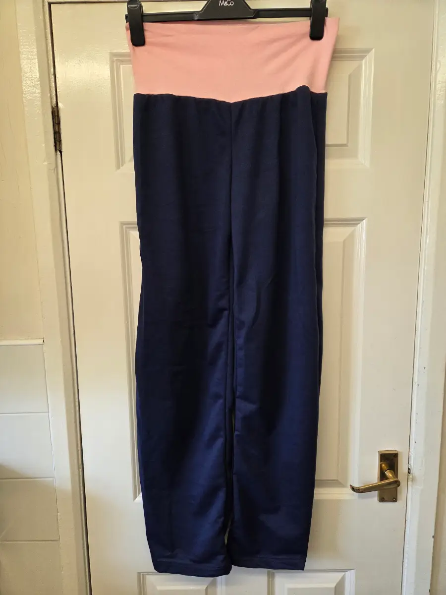 Navy Blue Wide Leg Lounge Pants with Pink Foldover Waistband. Size M (UK10)