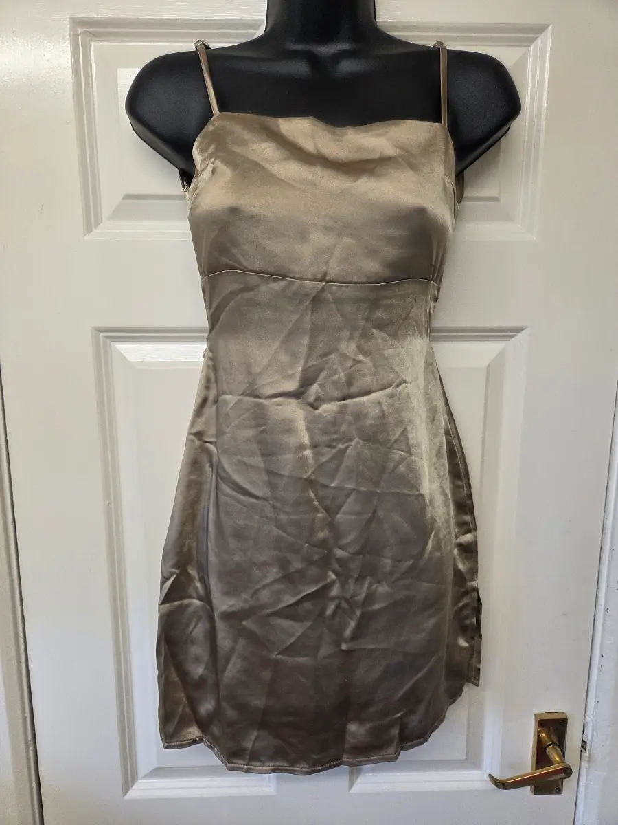 Motel Gehna Satin Olive Gold Slip Mini Dress XS UK 6