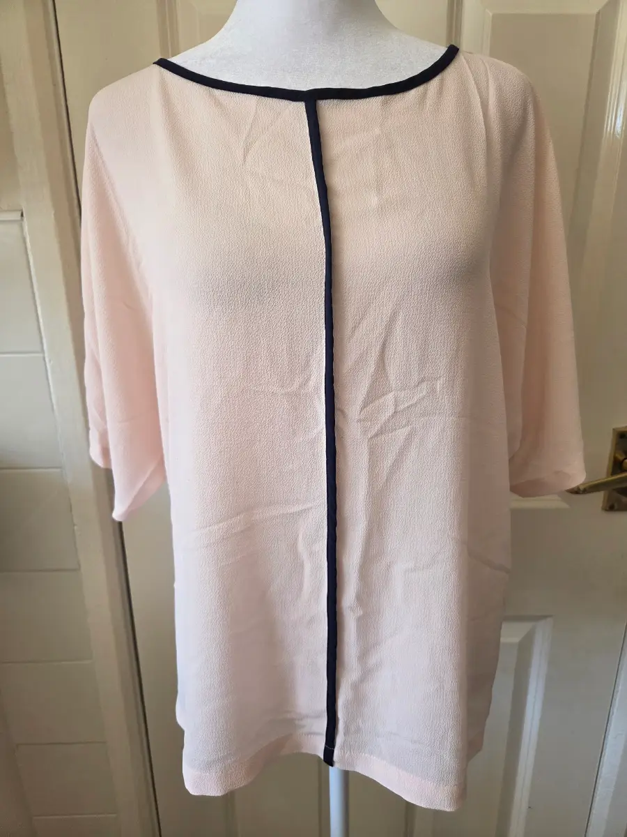 M&S Collection Pale Pink Chiffon Blouse with Black Piping Trim. Size 14