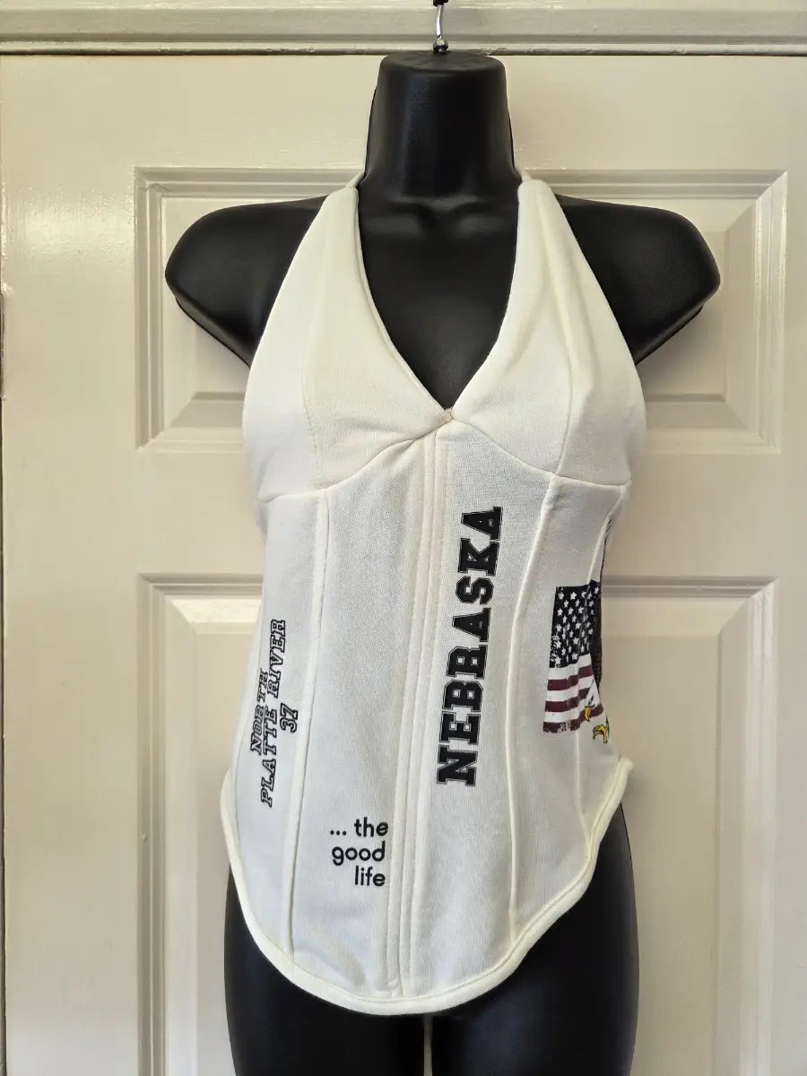 PLT White Nebraska Graphic Halterneck Corset Top. Size 6